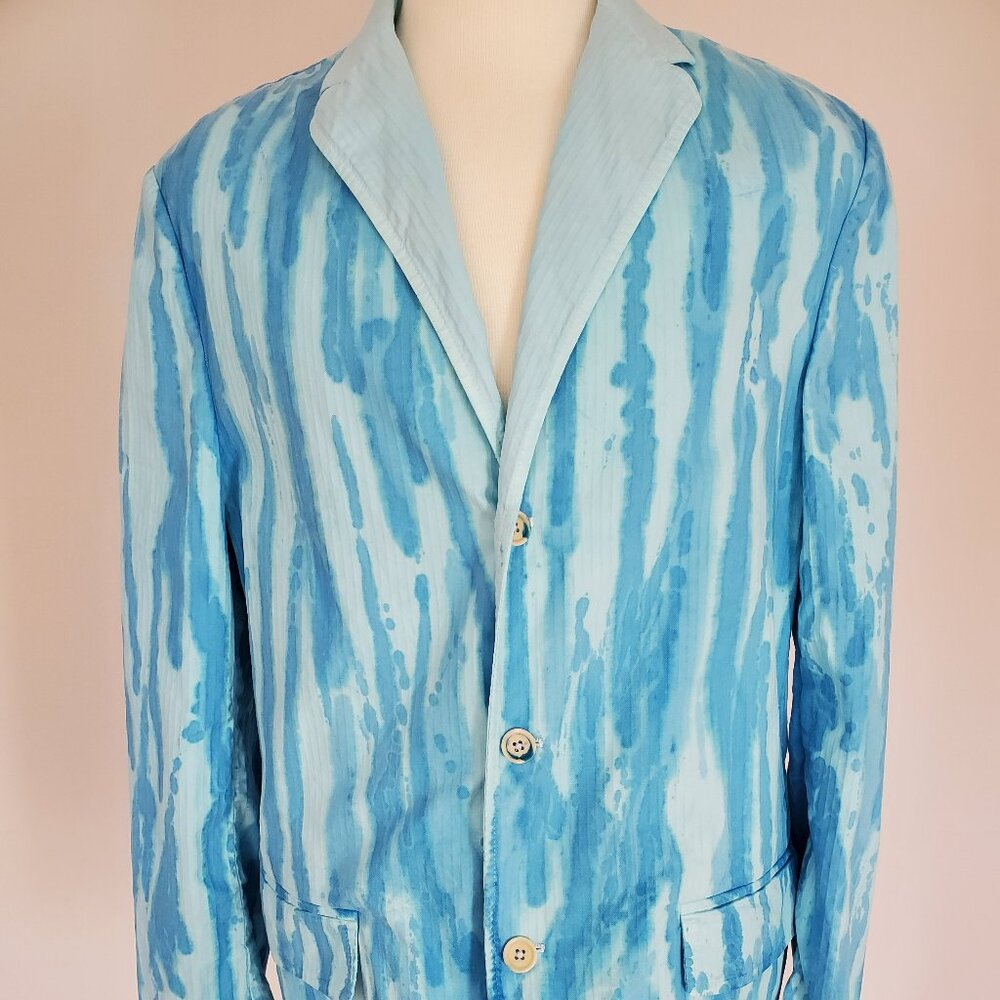 John Varvatos cotton blazer jacket Large XL gray blue denim white stripe dyed 54